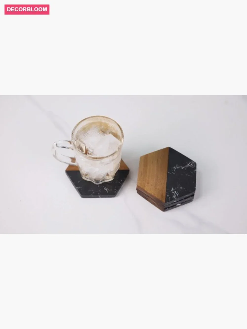 Marble Wood Coasters Set of 4 - Hexagonal Drink Coasters for Coffee Table